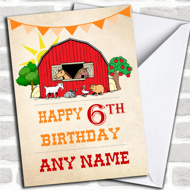 Orange Red Barn Farm Animals Children's Birthday Personalized Card