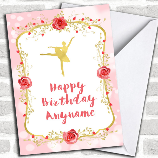 Pink Gold Roses Ballerina Children's Birthday Personalized Card