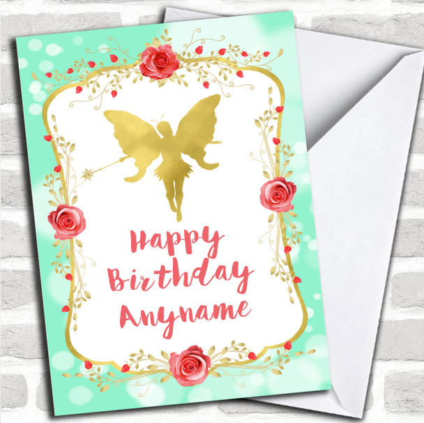 Green Gold Roses Fairy Children's Birthday Personalized Card