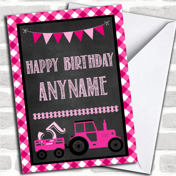 Pink Tractor Age Girls Children's Birthday Personalized Card