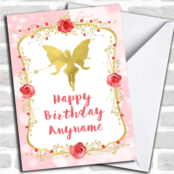 Pink Gold Roses Fairy Children's Birthday Personalized Card