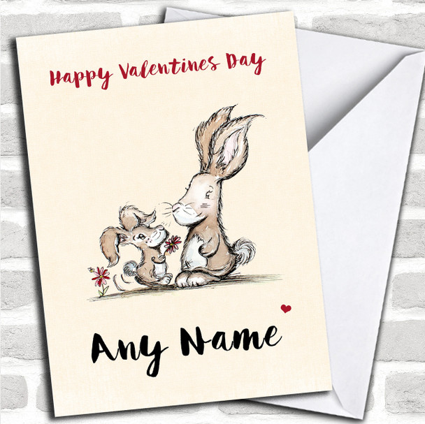 Cute Rabbits Giving Flowers Valentines Personalized Card