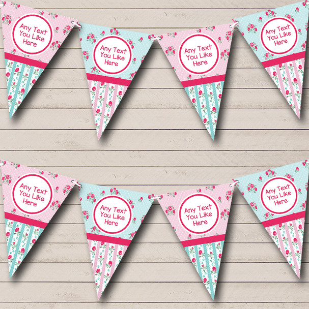 Small Roses Pink Green Lovely Personalized Wedding Anniversary Party Bunting Flag Banner