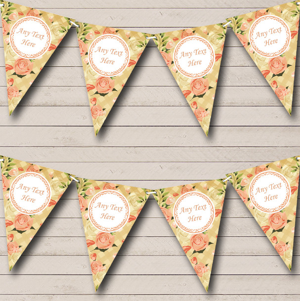 Shabby Chic Vintage Coral Rose Check Personalized Anniversary Party Bunting Flag Banner