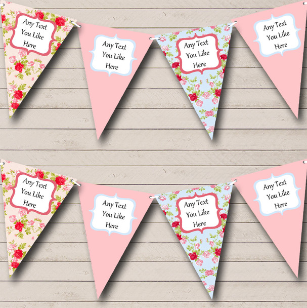 Shabby Chic Pink Blue Floral Personalized Wedding Anniversary Party Bunting Flag Banner