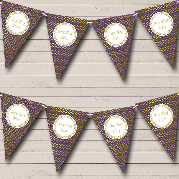 Plum Purple & Gold Quatrefoil Personalized Wedding Anniversary Party Bunting Flag Banner