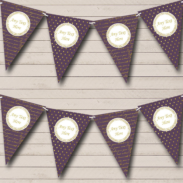 Plum Purple & Gold Love Script Personalized Wedding Anniversary Party Bunting Flag Banner