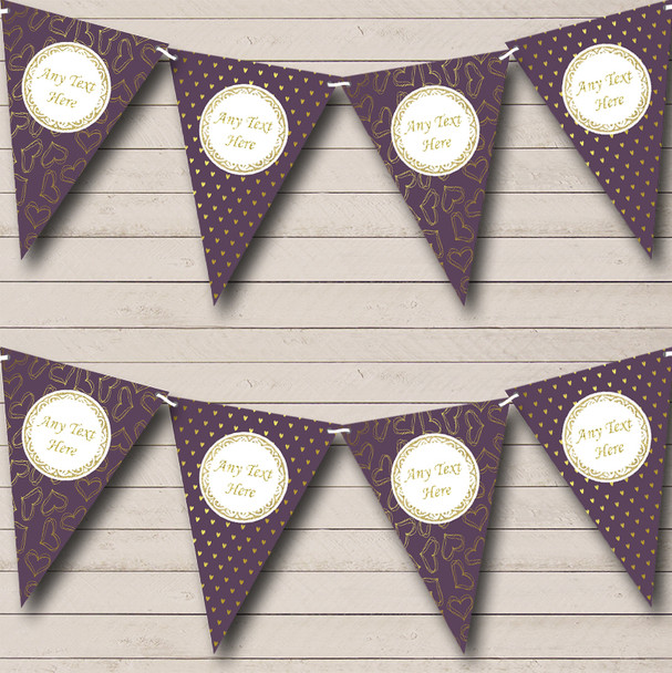 Plum Purple & Gold Love Hearts Personalized Wedding Anniversary Party Bunting Flag Banner
