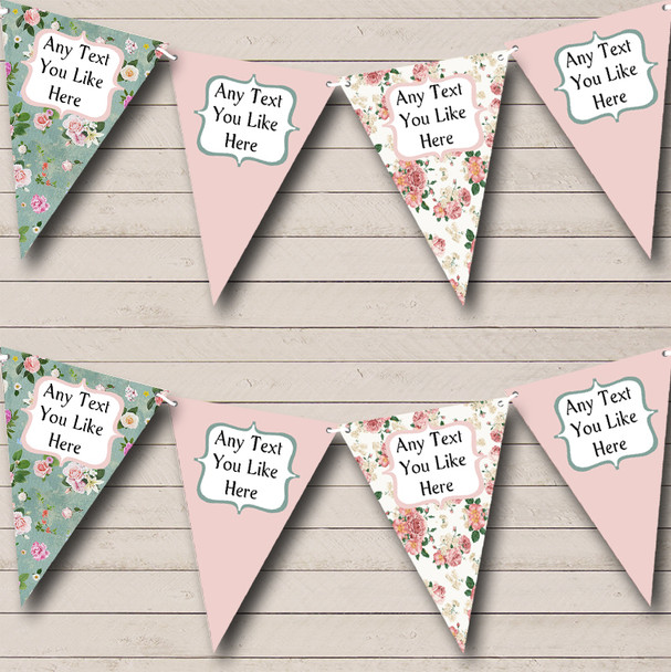 Pink Green Shabby Chic Floral Personalized Wedding Anniversary Party Bunting Flag Banner