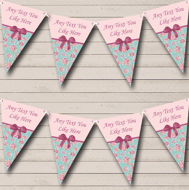 Pink Green Floral Personalized Wedding Anniversary Party Bunting Flag Banner