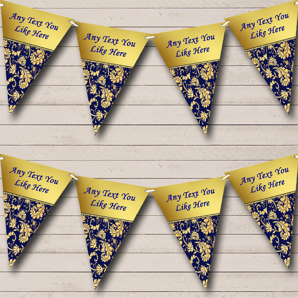 Navy Blue And Regal Gold Damask Personalized Wedding Anniversary Party Bunting Flag Banner