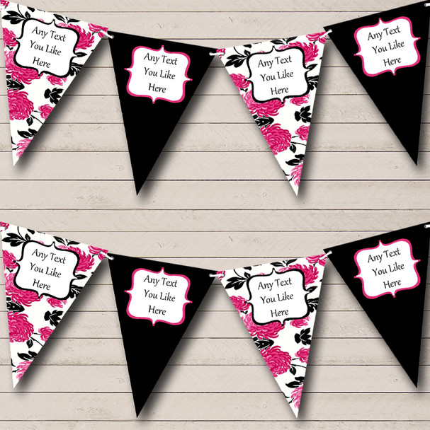 Hot Pink Black White Shabby Chic Personalized Wedding Anniversary Party Bunting Flag Banner