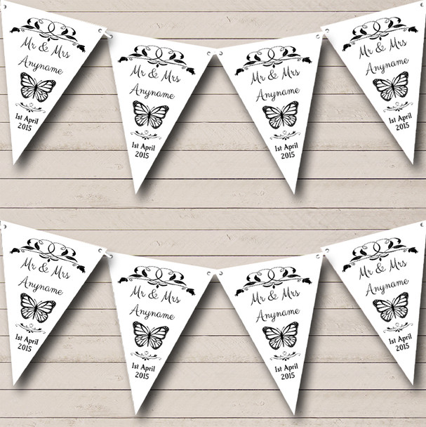 Butterfly  White Black Personalized Wedding Anniversary Party Bunting Flag Banner