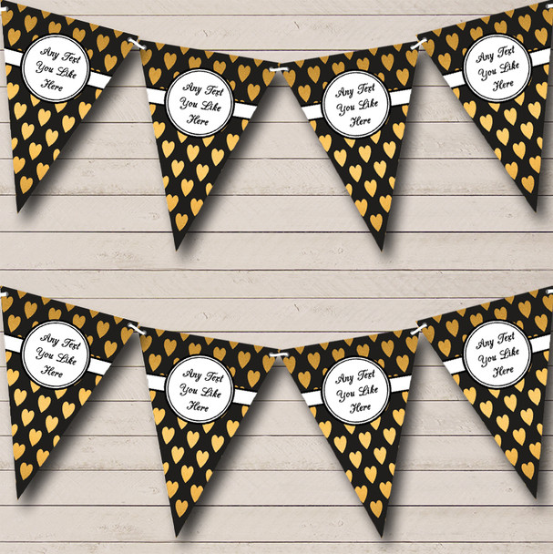 Black With Gold Hearts Personalized Wedding Anniversary Party Bunting Flag Banner