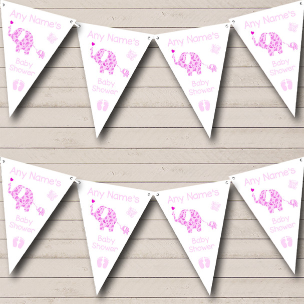 Cute Elephants Girl Pink Personalized Baby Shower Bunting Flag Banner