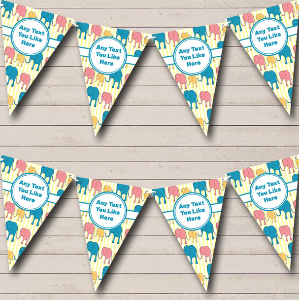 Blue And Yellow Cute Elephants Personalized Baby Shower Bunting Flag Banner