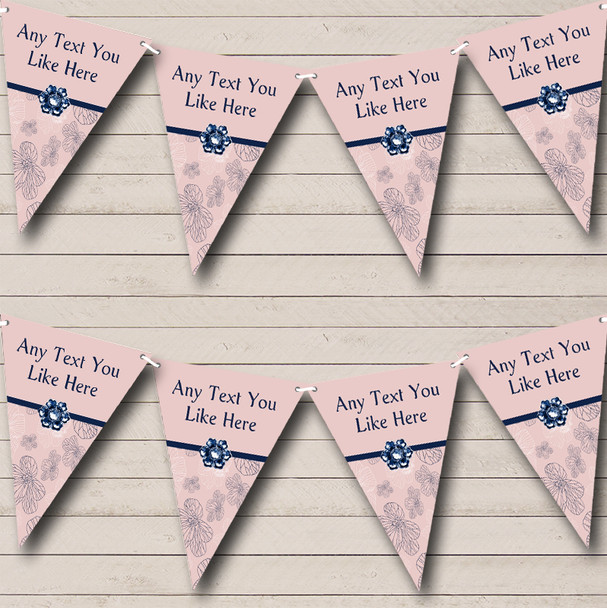 Dusty Coral Pink And Navy Blue Floral Personalized Birthday Party Bunting Flag Banner