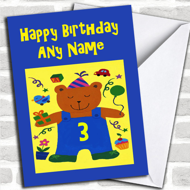 Blue Yellow Teddy Bear Personalized Children's Birthday Card