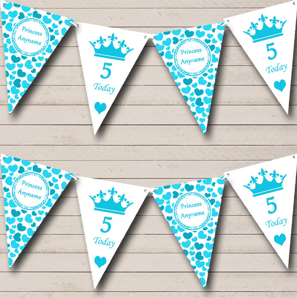 Aqua Blue Love Hearts Princess Personalized Children's Birthday Party Bunting Flag Banner