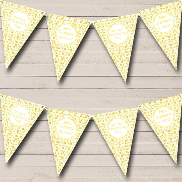 Yellow And Gold Stars Personalized Christening Baptism Bunting Flag Banner
