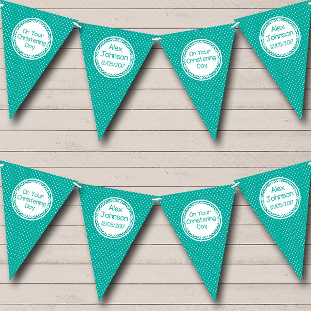 Polkadot Turquoise Green Personalized Christening Baptism Bunting Flag Banner