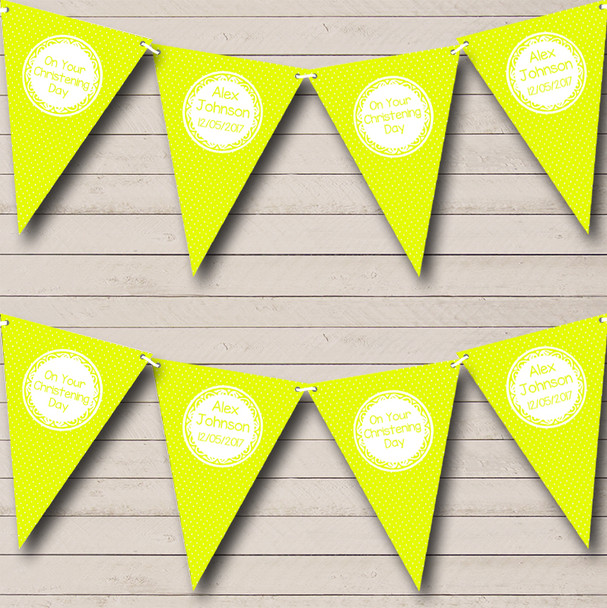 Polkadot Bright Yellow Personalized Christening Baptism Bunting Flag Banner