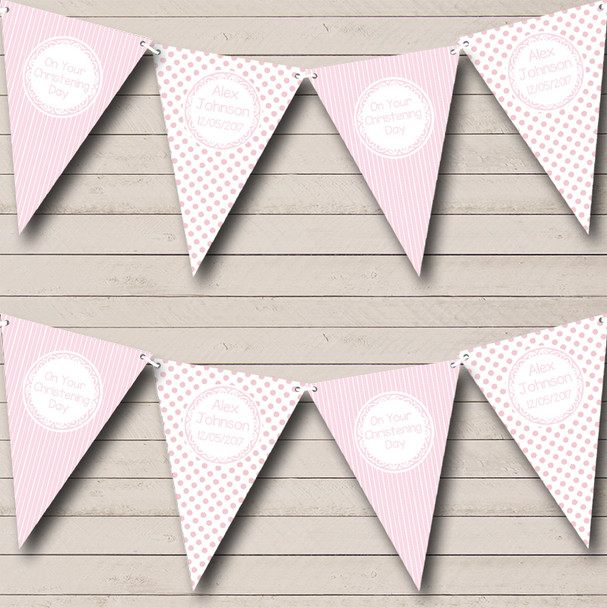 Girl Pink Dots And Stripes Personalized Christening Baptism Bunting Flag Banner