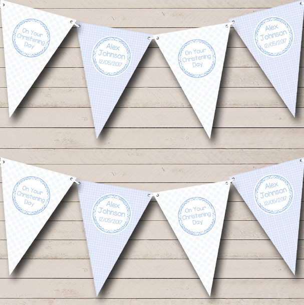 Boy Blue Check Flowers Personalized Christening Baptism Bunting Flag Banner