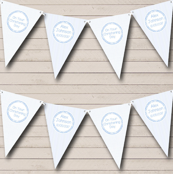 Blue Stripes And Spots Personalized Christening Baptism Bunting Flag Banner