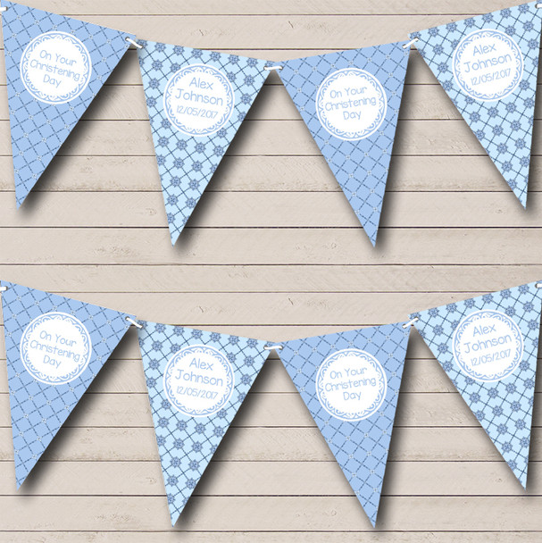 Blue Diamond Patterns Personalized Christening Baptism Bunting Flag Banner