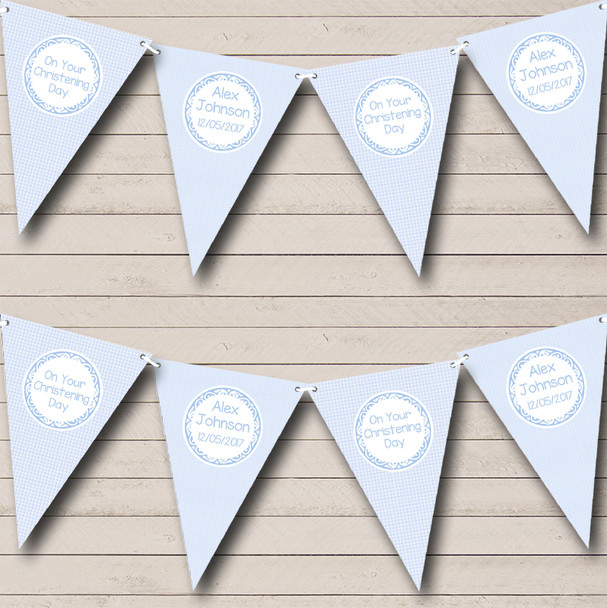 Blue Check Personalized Christening Baptism Bunting Flag Banner