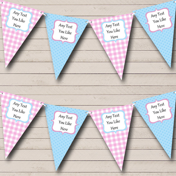 Blue & Pink Gingham And Polka Dot Personalized Christening Baptism Bunting Flag Banner