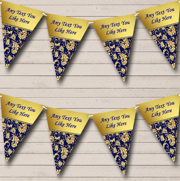Navy Blue And Regal Gold Damask Personalized Engagement Party Bunting Flag Banner