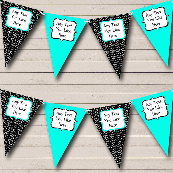 Turquoise Teal Aqua & Black Hearts Personalized Hen Do Night Party Bunting Flag Banner