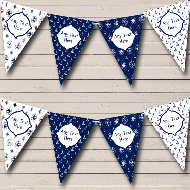 White Blue Anchor Compass Nautical Sailing Beach Seaside Personalized Bunting Flag Banner