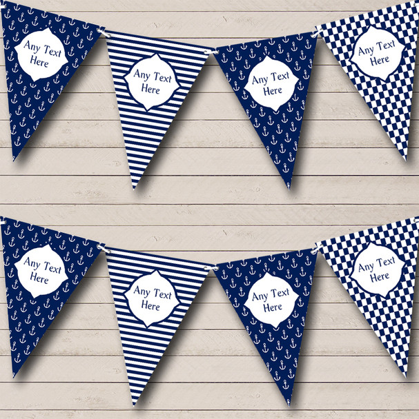 Navy Blue Anchor Stripes Nautical Sailing Beach Seaside Personalized Bunting Flag Banner