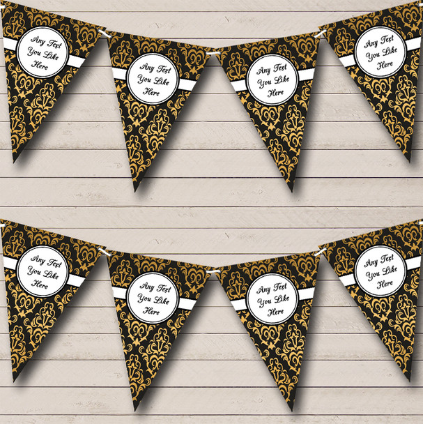 Black And Gold Vintage Damask Personalized Christmas Party Bunting Flag Banner