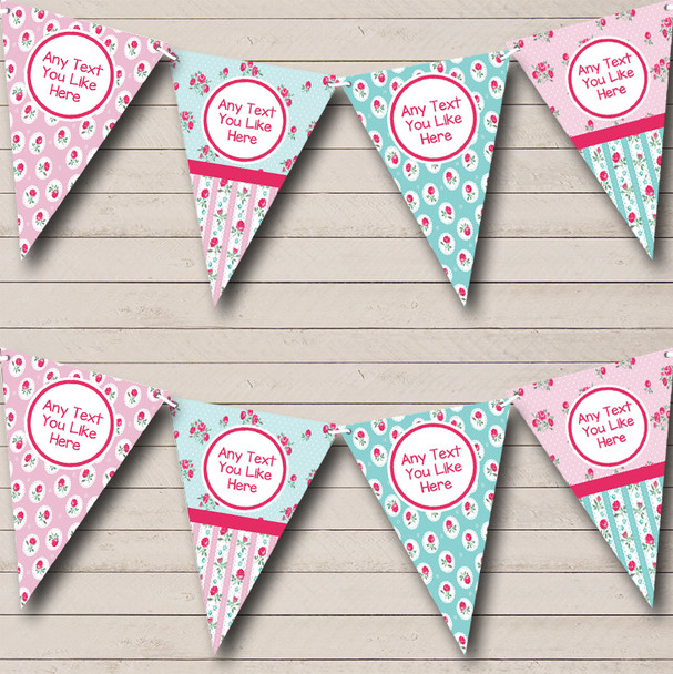 Small Roses Pink Green Personalized Shabby Chic Garden Tea Party Bunting Flag Banner