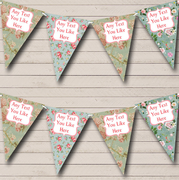 Floral Blue Greens Personalized Shabby Chic Garden Tea Party Bunting Flag Banner