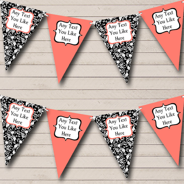 Coral White Black Damask Personalized Shabby Chic Garden Tea Party Bunting Flag Banner
