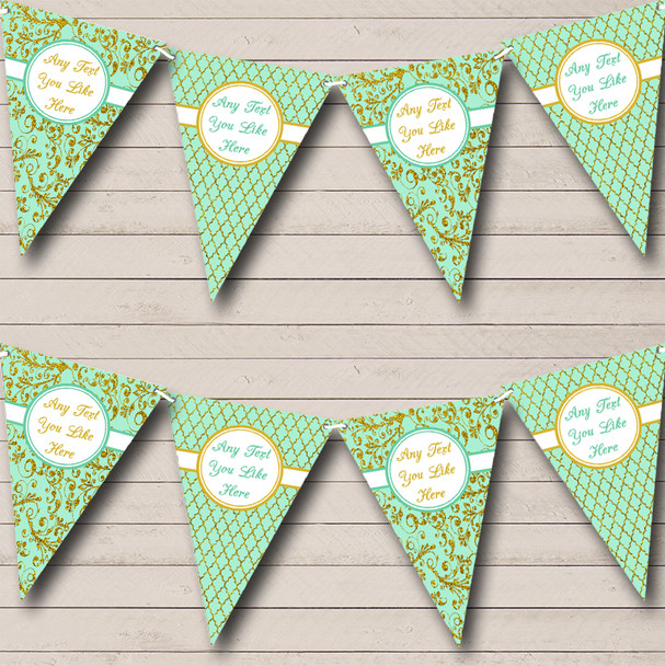 Vintage Mint Green And Gold Damask Personalized Wedding Bunting Flag Banner