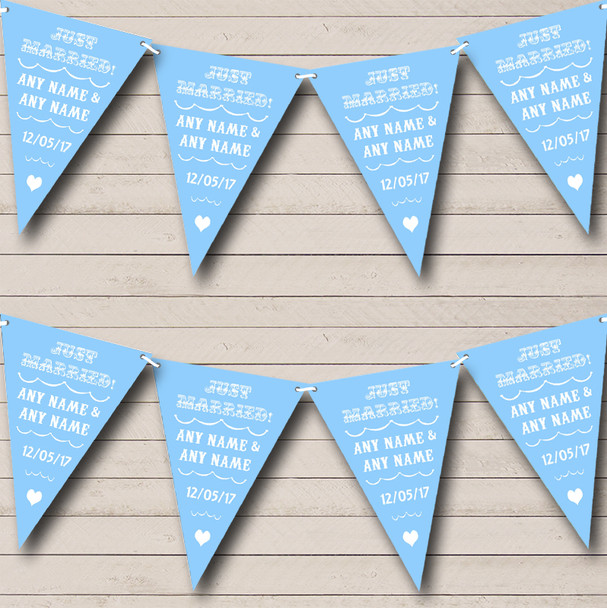 Vintage Just Married Sky Blue Personalized Wedding Venue or Reception Bunting Flag Banner