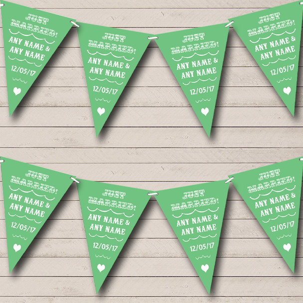 Vintage Just Married Sage Green Personalized Wedding Venue or Reception Bunting Flag Banner