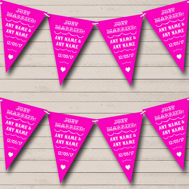 Vintage Just Married Hot Bright Pink Personalized Wedding Bunting Flag Banner