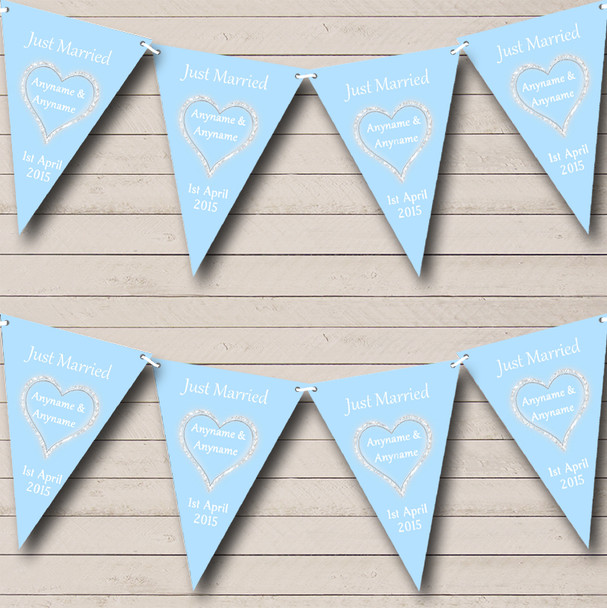 Sky Blue And White Just Married Personalized Wedding Venue or Reception Bunting Flag Banner