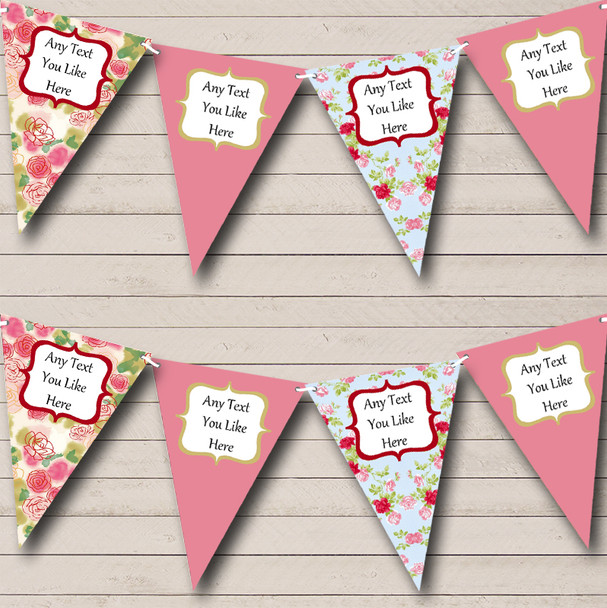 Shabby Chic Pink Green Floral Personalized Wedding Venue or Reception Bunting Flag Banner