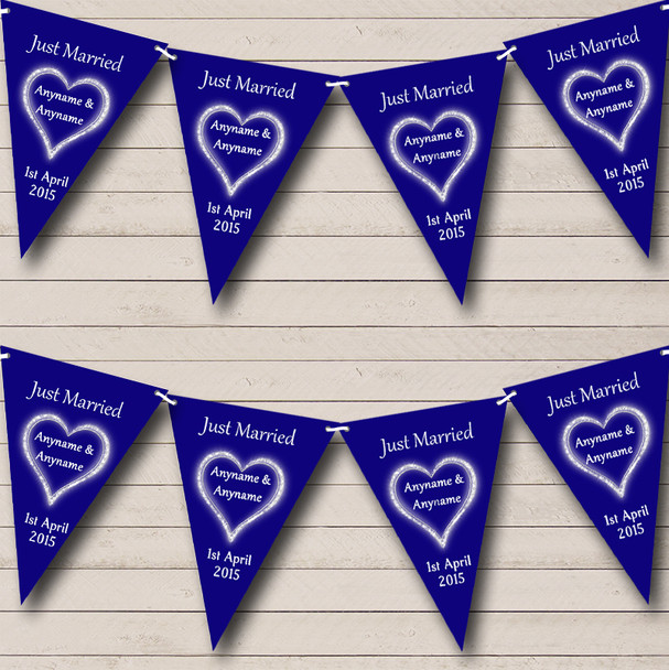 Navy Blue White Just Married Personalized Wedding Venue or Reception Bunting Flag Banner