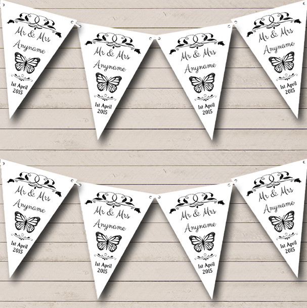 Butterfly  White Black Personalized Wedding Venue or Reception Bunting Flag Banner