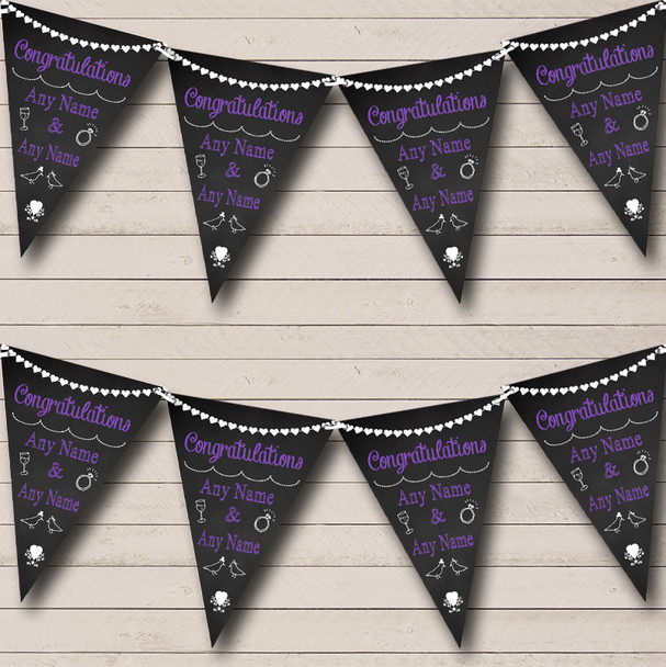 Chalkboard Congratulations Black White & Purple Personalized Wedding Bunting Flag Banner