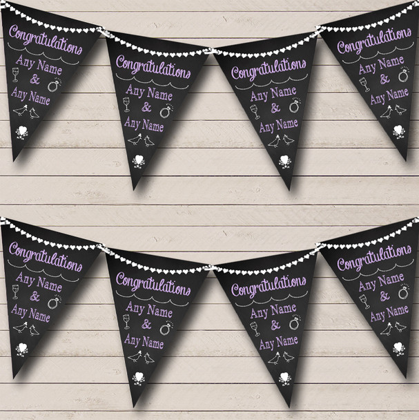 Chalkboard Congratulations Black White & Lilac Personalized Wedding Bunting Flag Banner